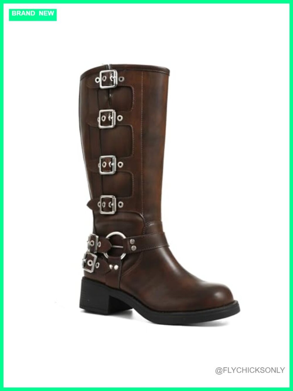 Knee High Moto Boots Buckle Square Toe Chunky Block Heel